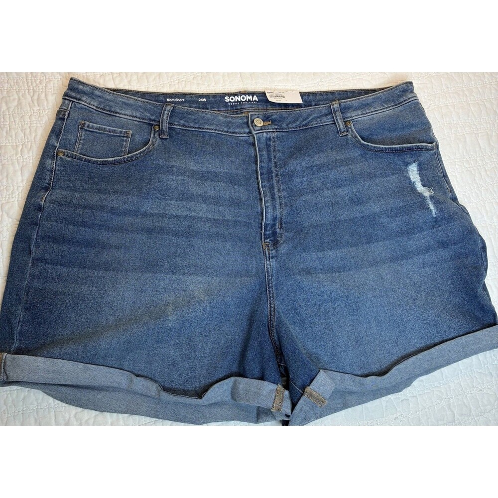 New Women's distressed Mom Denim Shorts 24W Medium Wash Cuffed High Rise Stretch